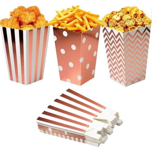 Artracyse 36 X Popcorn Bags Paper Bags Popcorn Boxes for Party Snacks Sweets Popcorn and Gifts Rose-Gold Dot Wave Striped Paper