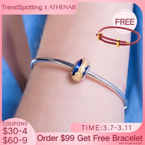 ATHENAIE 100% 925 Sterling Silver Macaron Blue Gold foil Murano Glass Bead fit Charms Bracelet DIY Women Jewelry Making