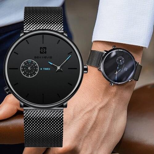Mens Quartz Watch BENNEVIS Top Brand Luxury Watches Mens Fashion Stainless Steel Mesh Strap Ultrathin Dial Waterproof Watches