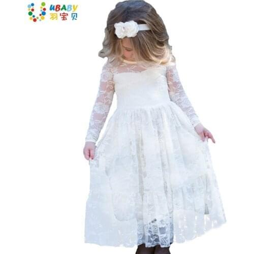Girl Lace Long Dress Flower For Age 2-12 Baby Kids Princess Formal Wedding Prom Party Dress White/ Beige Big Bow Sweet Clothing