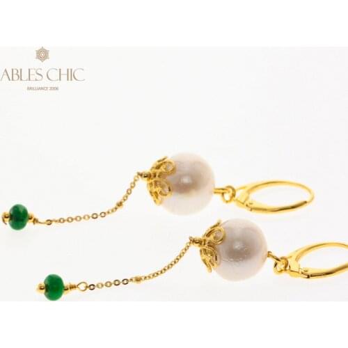 Natural Baroque Freshwater Pearl Long Chain Drop Earring Handmade Green Stone Filigree Dangling Earrings Gold Tone Jewelry 2021