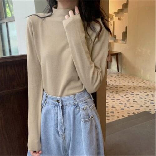 Chic Mock Neck Plus Velvet T-Shirts For Women 2020 Korean Casual Solid Long Sleeve Tight Bottoming All Match Pullovers Top YYQ5
