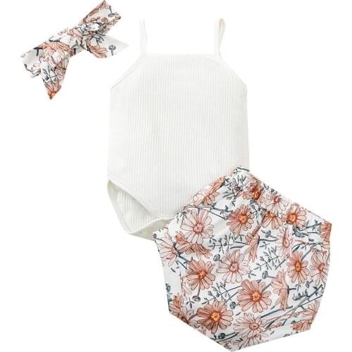 New Baby Girls Three-piece Clothes Set, White Boat Neck Sleeveless Romper, Printed Pattern Shorts and Headdress