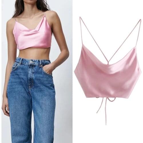 Za Women Summer 2021 Sexy Backless Crop Top Female Pink Satin Sleeveless Tube Top Thin Strap Woman Red Cropped Tank Camis