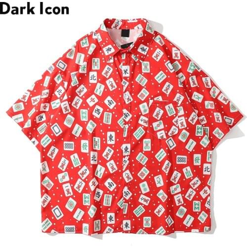 Dark Icon Interesting Print Oversized Mens Shirt 2021 Turn-down Collar Summer Shirts for Man Male Blouse
