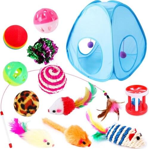 HOT 13Pcs/Set Pet Kit Collapsible Tent Cat Toy Fun Channel Feather Balls Mice Shape Pet Kitten Dog Cat Interactive Play Supplies