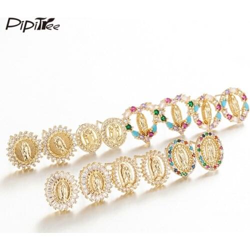 Pipitree Copper CZ Zircon Jesus & Virgin Mary Earrings Round Oval Heart Stud Earrings for Women Lady Fashion Religious Jewelry