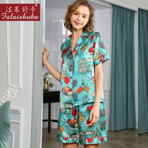 100% Natural Silk Pajama Sets Female Summer Real Silkworm Silk Sleepwear Short Sleeve Shorts Printed Women Pyjamas T8223