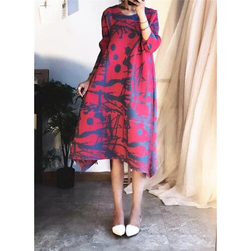 HOT SELLING Miyake fashion fold printed three quarter o-neck A-line empire dress IN STOCK