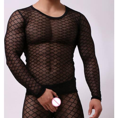 Sexy Men Diamond Transparent Long Sleeve Sleepwear Mesh See Through Sexy O-neck Underwear Gay Sexy Sleepwear