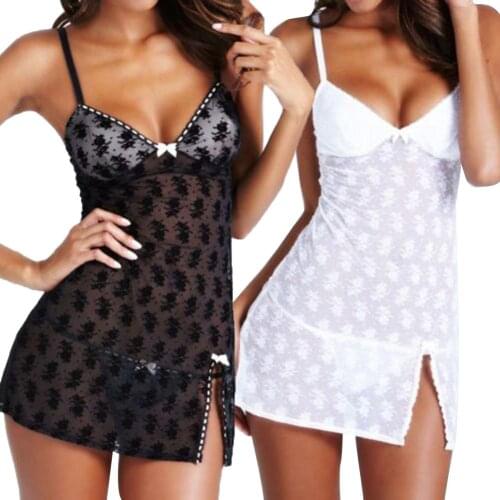 Fashion Women Sexy Perspective Strappy Lace V Neck Mini Nightdress Bow Split Sleepwear Casual Home Dress Summer Homewear