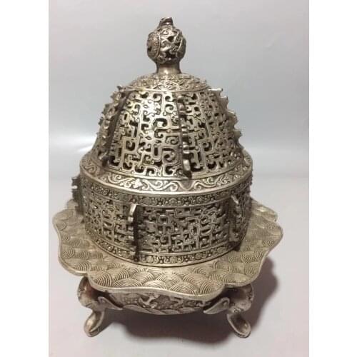 Collection Chinese Tibetan Silver Carved Flower Copper Incense Burner Hollow Out Censer Plate Censer Home Decoration Crafts