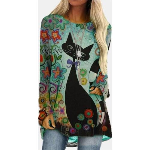 Womans Vintage Cat Floral Print T-Shirt Autumn Fashion O-Neck Casual Long Sleeves Tees Top Harajuku Tops Camiseta Ropa De Mujer