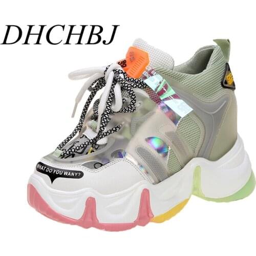 New Women Chunky Sneaker 2020 Fashion Platform Sneakers Ladies Wedges Casual Shoes For Woman Leather Sports Dad Shoes 10CM Heels