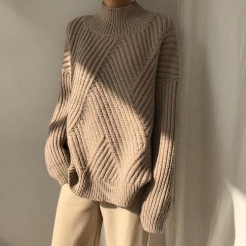 Women High-Neck Sweater Pullover Cashmere Blended Long Sleeve Loose Knitwear Top