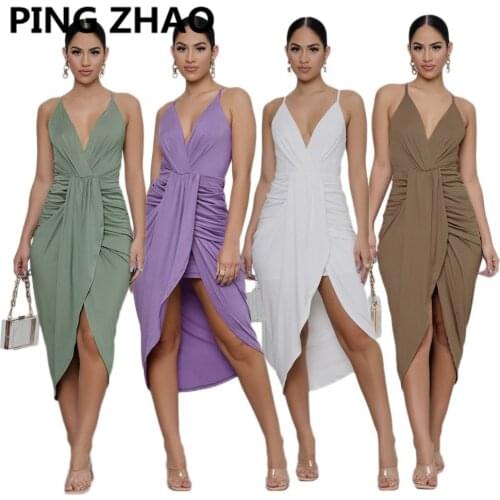 PING ZHAO Women Solid Spaghetti Strap V Neck Ruched Midi Dress Sexy Summer Evening Party Dress
