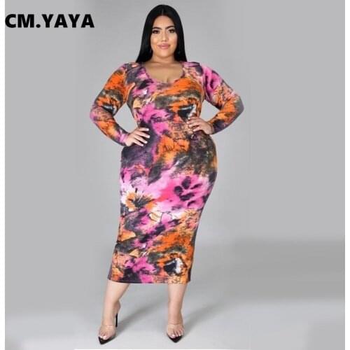 CM.YAYA Women Plus Size Dress Print Full Sleeve O-neck Stretchy Bodycon Midi Dresses Casual Vintage Vestidos Summr Outfits 2021