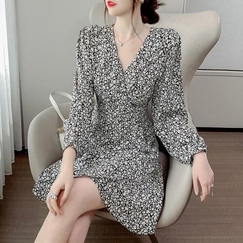 2021 Summer Print Chiffon Dress Women Casual Long Sleeve A-Line Mini Party Dress Sexy V-Neck dress women