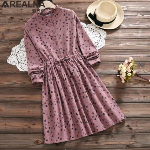2020 Spring Vintage dress Women Elbise Casual Loose Long Sleeve Leaves Printed Drawstring Waist Dresses Vestidos Robe Femme
