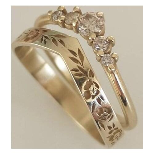 2pcs/set Vintage Rhinestones Zircon Rings Set For Women Jewelry Accessories Girl Gift Fashion V-shaped Hollow Flower Rings