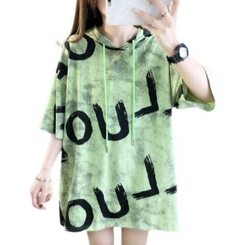 #2635 Korean Style Hoodies Tshirts For Women Plus Size Short Sleeve Loose Cotton Tee Shirt Female Summer Tops Green Yellow White