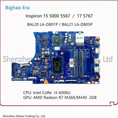 CN-06682Y 06682Y For DELL 15 5567 17 5767 Laptop Motherboard BAL20 LA-D801P LA-D805P Mainboard With i3 CPU R7 M440 GPU 2G Tested