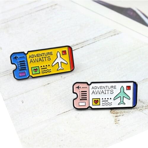 Cartoon Air Ticket Pink Yellow Brooch Adventure AWAITS Children Cute Pins Shirt Jackets Lapel Enamel Badge Pilot Friend Gifts