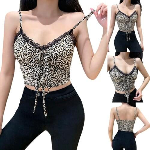 Hirigin New Women’s Sexy Flounce Lace V-neck Camisole Fashion Leopard Tie-up Exposed Navel Suspender Tops
