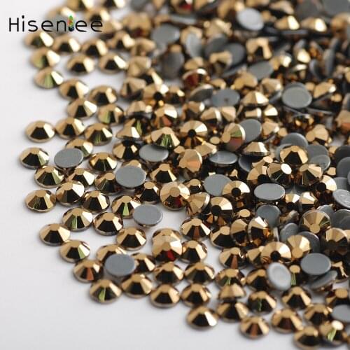 Hisenlee AAAA SS3~SS30 Aurum Gold Hematite Glass Gem HotFix Rhinestone Flatback Hot Fix Rhinestones Iron on Stone For Clothing
