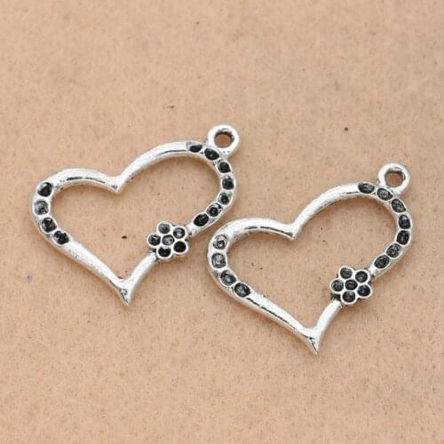 KJjewel Tibetan Silver Plated Flower Heart Charms Pendants for Earrings Bracelets Jewelry Making DIY Accessories 28mm