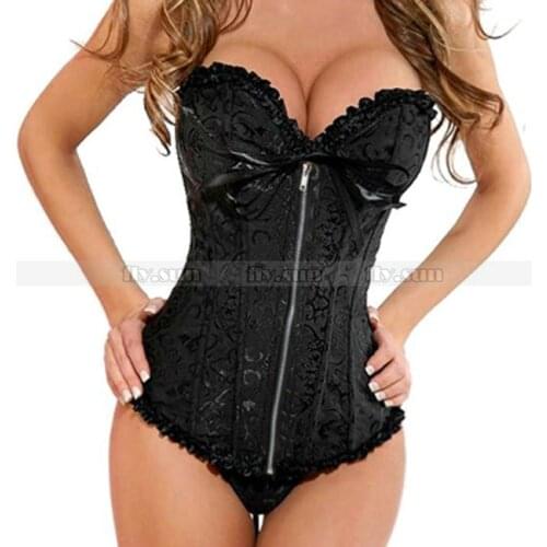 Classic Black Brocade Corset Zip Front Lace up Bustier Top Sexy Lingerie Shaper S M L XL 2XL