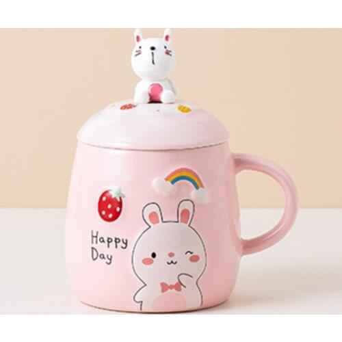 500ML Animal Microwave Cartoon Rabbit Panda Bear Cat Mug with Lid Spoon SimpleCeramic Simple Water Cup Korean Style Creative