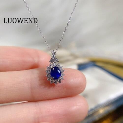 ANI 18K Solid White Gold Pendant Necklace Natural Blue Sapphire Women Engagement Necklace Birthday Gift Halo Diamond Pendant