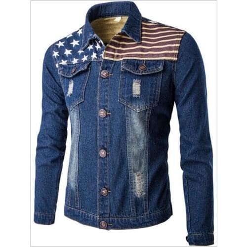 2018 Mens Retro Frayed Denim Flag Jean Pockets Jacket Coat Casual Outwear Denim Overcoat