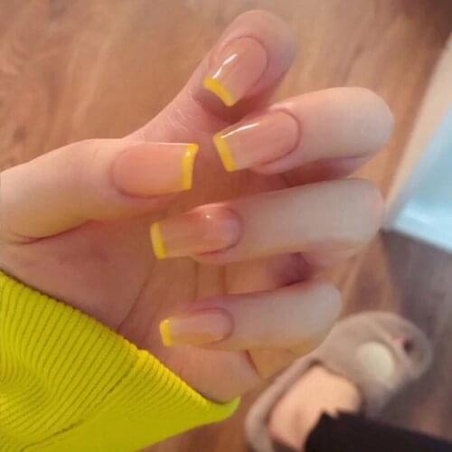 24pcs/box Yellow-edged French Simple Wear fake nails press on Finished Patch full cover Mid-length size False Nails with glue