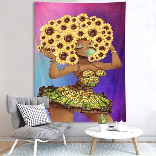 Black Girl Art Tapestry Wall Decor African American Women Afro Girl Sunflower Wall Hanging Tapestry Blanket Beach Throw Carpet