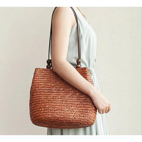 New Handmade Beading Women Straw Bag Woven Bucket Straw Beach Bag For Summer Holiday Vintage Beach Bag Women Handbag