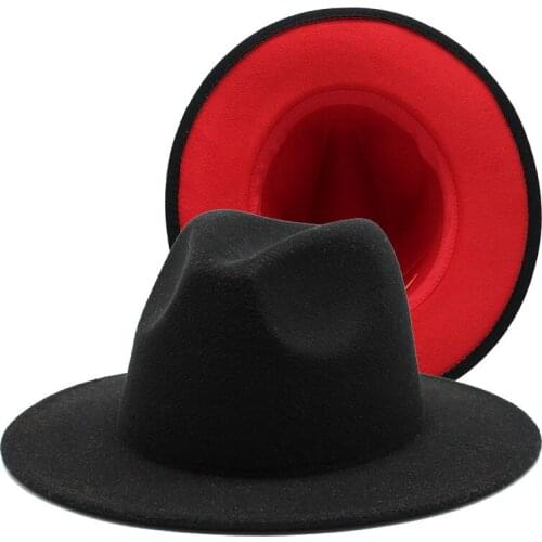 56-61cm Mens Women Black Red Patchwork Wool Felt Floppy Jazz Fedoras Hats with Ribbon band wide brim Panama trilby Formal hat