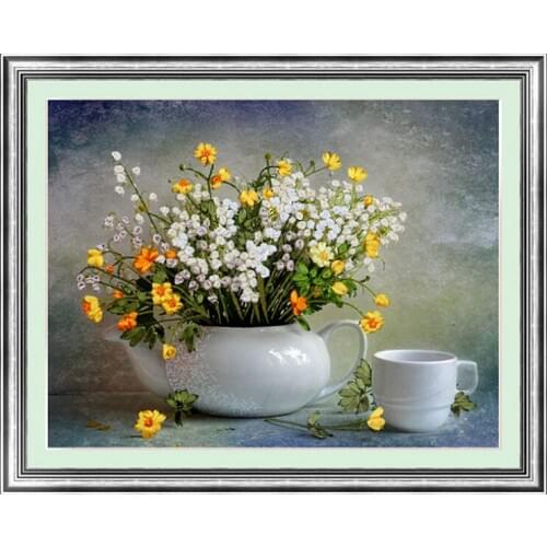 Needlework,DIY Ribbon Cross stitch Sets for Embroidery kit,Cup vase flower love ribbon Cross-Stitch handwork wedding decor