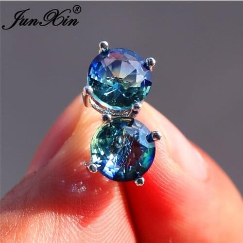 Mystic Fire Crystal Stone Round Stud Earrings For Women White Gold Rainbow Blue Red Green Zircon Double Earrings Wedding