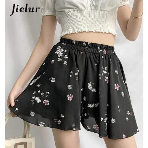 Jielur 2021 Summer Chiffon Shorts Loose Floral Print High Waist Short Feminino Casual White Black Wide Leg Womens Shorts M-XXL