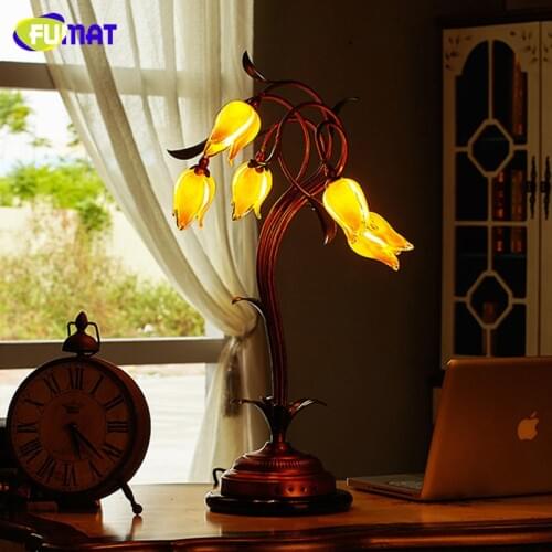 FUMAT Glass Table Lamp European Flower Bedside Lights Yellow Glass Shade Green Leaves Art Deco Living Room led Table Lamps
