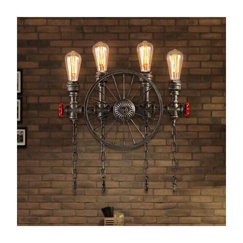 Creative Bicycle Wheel Pipe Wall Light 2/4 arms, American Retro Industrial Loft Wrought Iron restaurant Bar Wall Lamp deco art