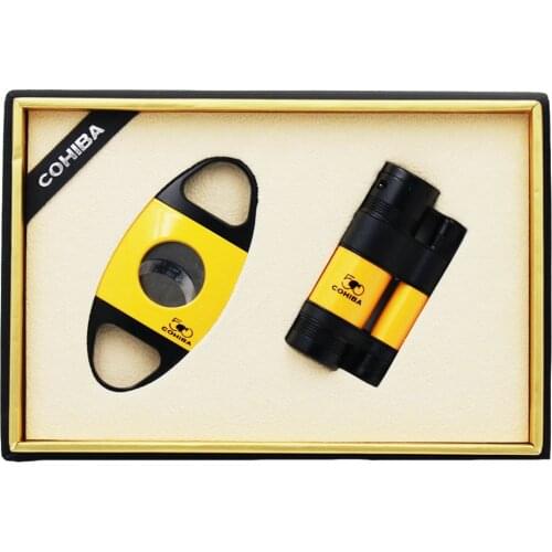 Cigar Lighter Cutter Windproof Torch 3 Jet Flame Gas Mini Lighter Accessories set Butane Metal with Punch Gift Box