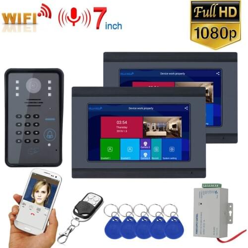 7inch Wireless Wifi 2 Monitors RFID Password Video Door Phone Doorbell Intercom Entry System with Wired IR-CUT 1080P Wired Camer