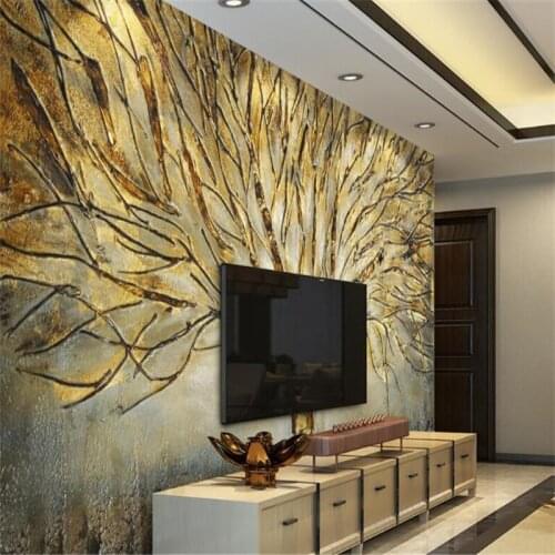 Beibehang Vinyl wall Custom 3d wallpaper modern wallpaper metal embossed oil painting tree TV background wallpaper for walls 3 d
