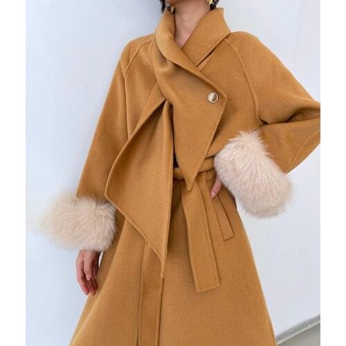 High-Quality Womens Chic scarf Real Wool Coat with Natural Fox fur Cuff Overcoat Female Winter 2021