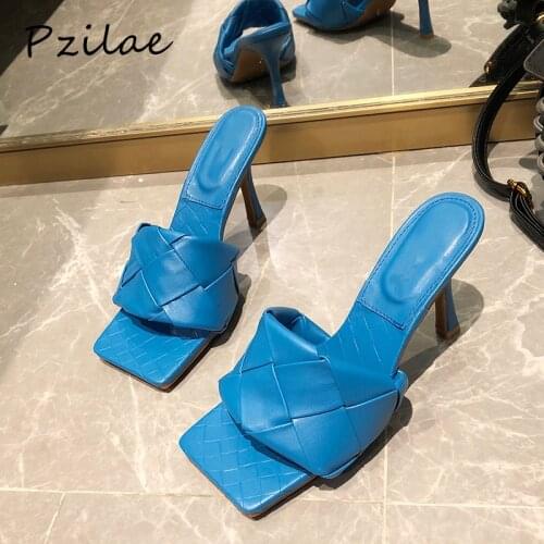 Pzilae 2020 Fashion women summer slippers thin high heels square toe sandal slippers ladies slide elegant dress party shoes