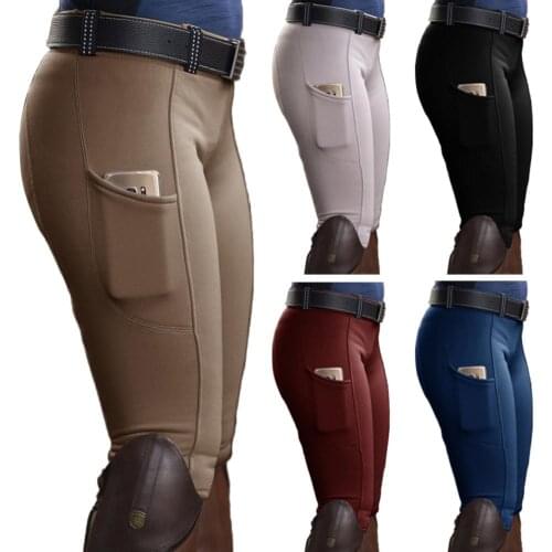 Women Solid Color Pocket Hip Lift Elastic Equestrian Pants Horse Racing Trousers Plus Size Straight Slim-Fit Trousers