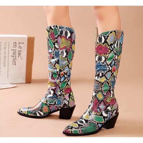 Faux Color-full Snake Knee High Boots Women Fashion Pointed Toe Block Heel Shoes Woman 2021 Winter New Multicolor Boots
